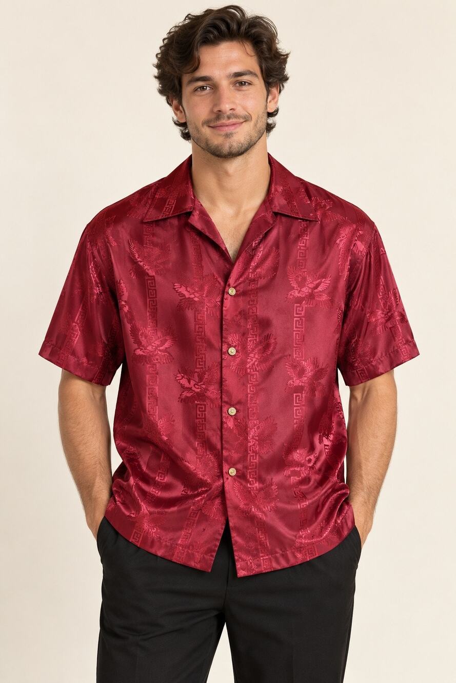 Saxifon USA Burgundy Satin Greek Key Short Sleeve Shirt L